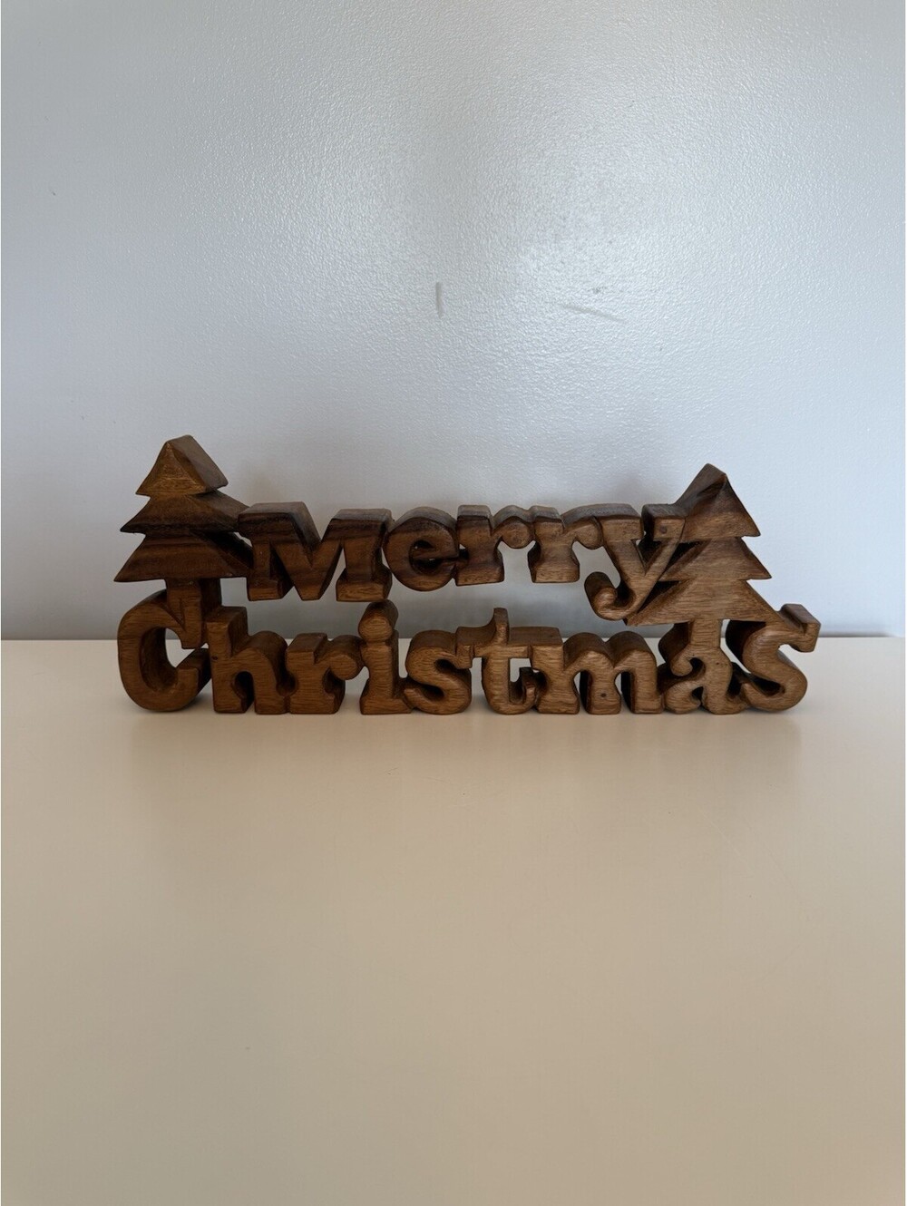 Merry Christmas Wooden Christmas Table Stand Mantle Decor Sign Brown Large EUC